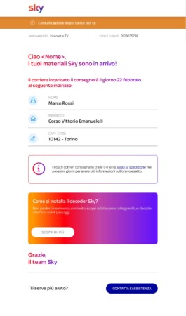 Nuova mail di spedizione: data di consegna, indirizzo, fascia oraria e guida al decoder 