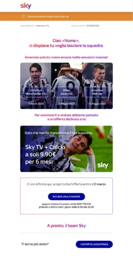Mail di retention per chi ama il calcio, con l’offerta Sky TV + Calcio 