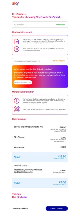 New confirmation email: order confirmed, what to expect, appointment to book and cost breakdown 