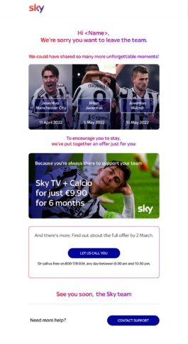 Retention email for football fans, with the Sky TV + Calcio offer 