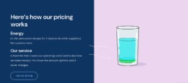 Homepage section explaining how the pricing works, with a glass of water 