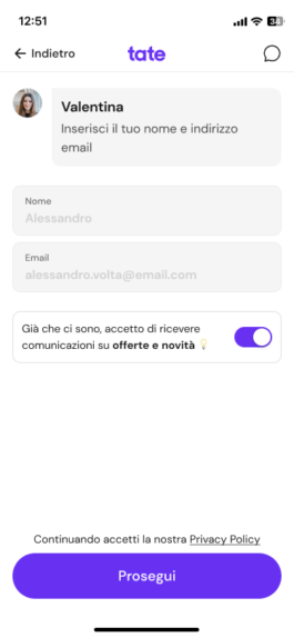 Schermata 3 del percorso: nome ed email 