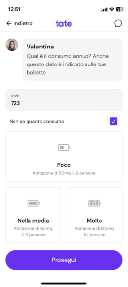 Schermata del consumo annuo con le tre opzioni Poco, Nella media e Molto 