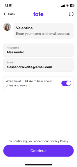 Name and email screen with the marketing consent written in the user’s voice 