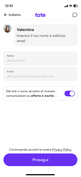 Schermata di nome ed email con il consenso Già che ci sono 