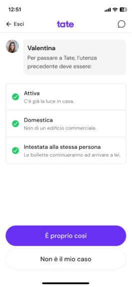 Schermata con i tre requisiti dell'utenza e i bottoni È proprio così e Non è il mio caso 