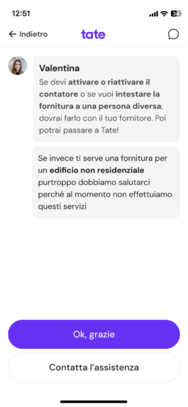 Schermata che spiega quando non è possibile passare a Tate, con i bottoni Ok, grazie e Contatta l'assistenza 
