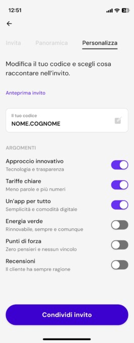 Dashboard, scheda Personalizza: il codice e gli argomenti dell’invito con gli interruttori 