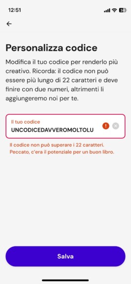 Personalizza codice, con l’errore per un codice troppo lungo 
