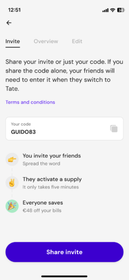 Dashboard, Invite tab: the code GUIDO83 and the three steps of the programme 