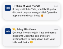 Two in-app notifications about the referral programme 