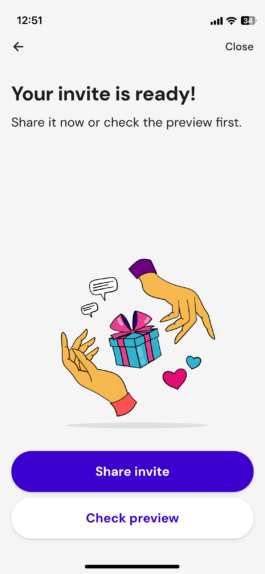 Confirmation that the invitation is ready, with the buttons to share it or preview it 