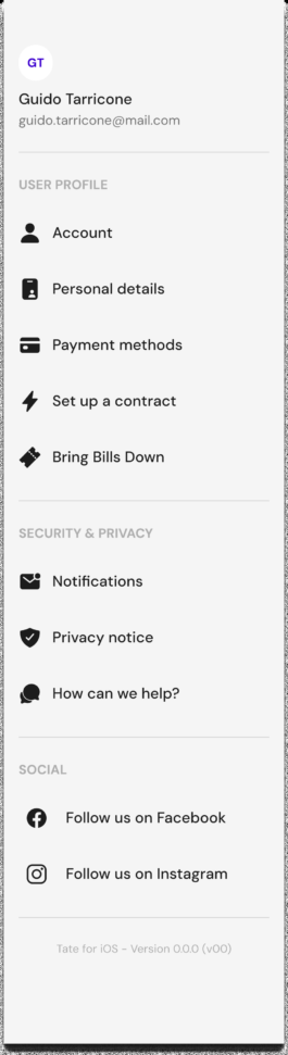 Profile menu with the Abbassa le bollette (Bring Bills Down) item 