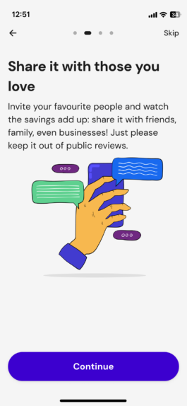 Second tutorial screen, about inviting friends, family and businesses 