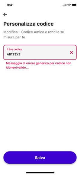 Versione precedente di Personalizza codice, con un messaggio di errore generico 