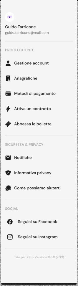 Menu del profilo con la voce Abbassa le bollette 