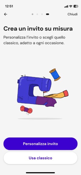 Quarta schermata del tutorial, Crea un invito su misura, con i bottoni Personalizza invito e Usa classico 